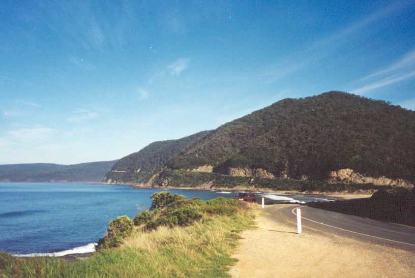 Looking east along the Great Ocean Road leaving Lorne and going into the Ottoway Ranges.