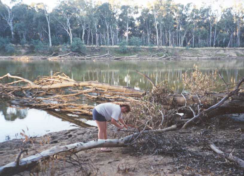 Sam cutting wood beside the Murray River at Cobram.