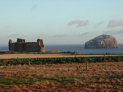 P2002A030002	Tantallon Castle with the Bass Rock in the distance.