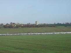 P2002B280014	Looking northwards over the railway line towards Hadleigh Castle. 