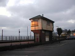 P20031110013	The boarded-up signalbox at Dawlish Station. 