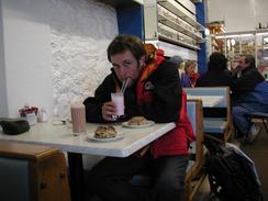 P20031110056	Myself, the rock cake and milkshake in the Clipper Cafe. 