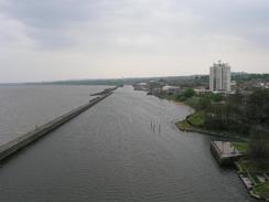 P20034201730	The view down from the Runcorn - Widnes bridge, with the Mersey river on the left and the Manchester ship canal on the right.