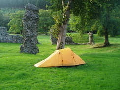 P2005A026912	My tent beside the abbey ruins in Abbey-cwm-hir.