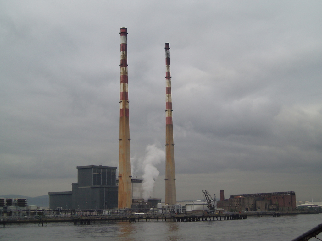 Two smokestacks by the Liffey.