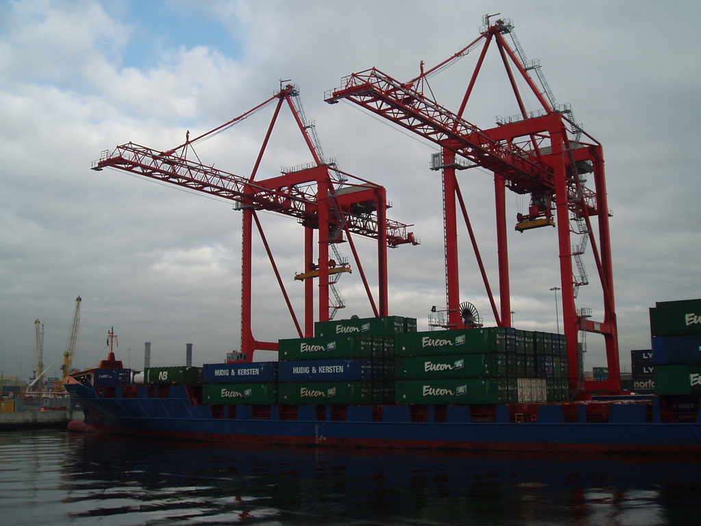 The 'Eucon Progress' ship being unloaded.