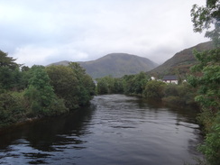 P2011DSC03368	The River Nevis in Fort William, with the flank of Ben Nevis behind.