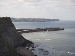 P2012DSC03225	The view back to the Whitby Harbour breakwaters.