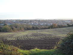 P2018DSC06089	The view east over Evesham towards the Cotswold hills.