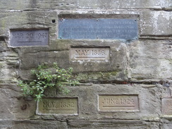 P2018DSC06222	Flood level markers near Worcester Cathedral.