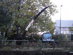 P2019DSCF3355	An old crane and boat at Wigan Pier.