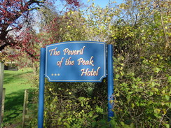 P2011DSC06723	A signboard for the Peveril of the Peak Hotel.