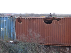 P2019DSC07681	A damaged container at the industrial park at Crayford Ness.