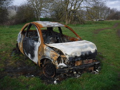 P2019DSCF2312	A burnt-out car on Hounslow Heath.